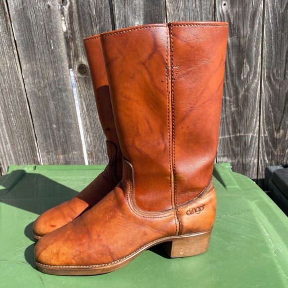 Vintage 70s Dingo Campus Mens Leather Cowboy Boots Tan Western Tall Square Toe